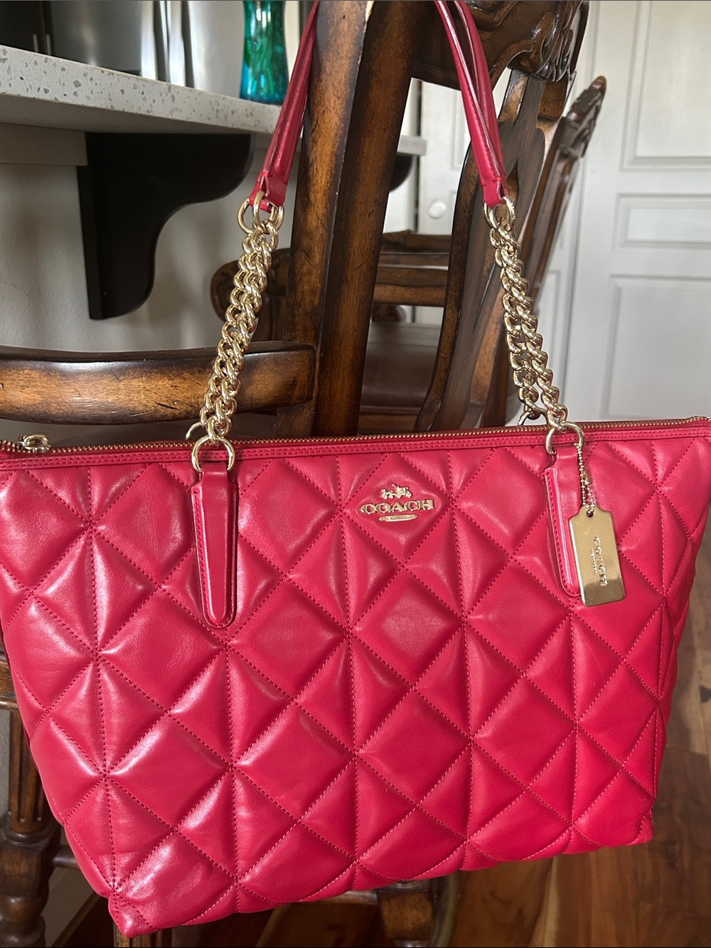 Coach Quilted Red Leather Tote with Gold Chain Straps (used  twice)